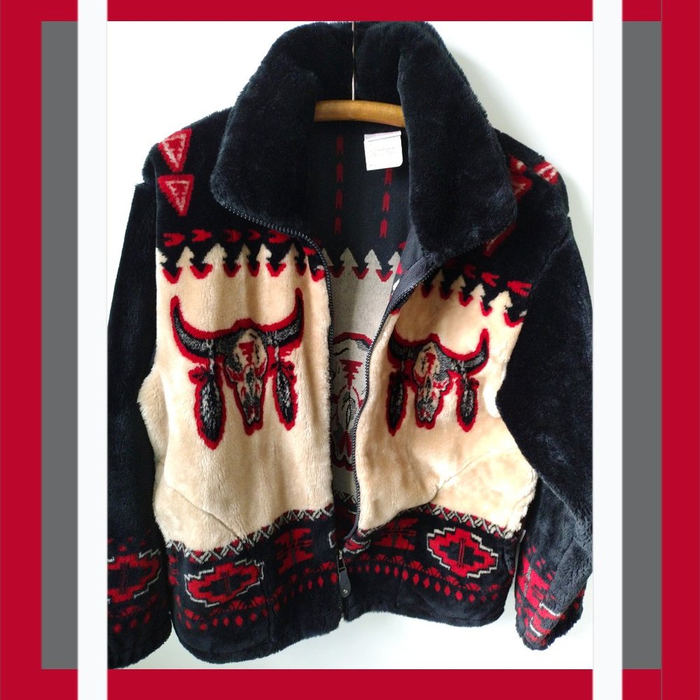 Sherpa Fleece Tribal Jacket Native American Faux Mouton Fur Zip Vintage Fleece